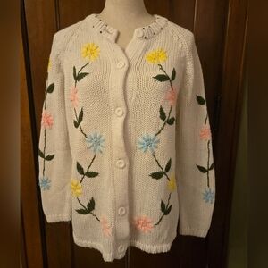 Grandma Core 60’s Acrylic‎ Knit Cardigan Romantic Hand Embroidered Floral Spring